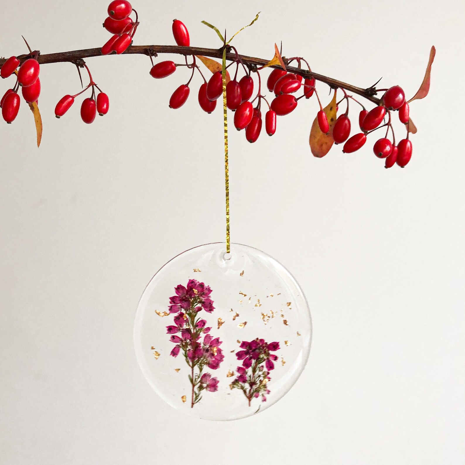 Red and Gold Christmas Ornament Set Pressed Flowers Christmas Etsy