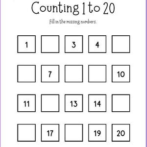 May include: A black and white worksheet with the title "Counting 1 to 20". The worksheet has a grid of boxes with numbers 1 through 20, with some numbers missing. The user is instructed to fill in the missing numbers.