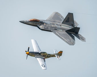 F22 - Raptor - P-51 - Mustang -  flyby - airplane - wall art - office decor - art