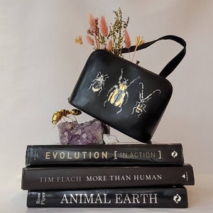 Exquisite handpainted vintage bag.  Handpainted beetles with goldleaf.  Bag with pockets and top handle. Gifts for her. Unique. Cute.