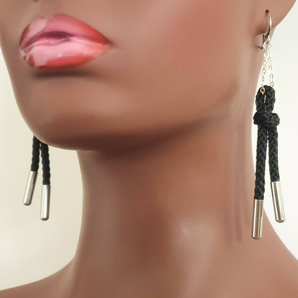 Silver. Chain. Small Hoop. Black. Knot. Earrings.