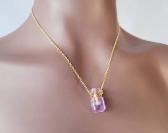 Modern Perfume Bottle Amethyst Necklace - Essential Oil Stunning Pendant Necklaces - Natural Quartz Silver Chain Pendant - Adorable Gift