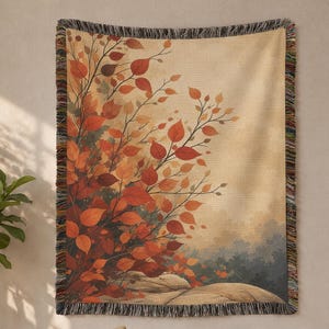 Fall Woven Blanket, Autumn Botanical Cotton Throw and Matching Pillow - Customizable