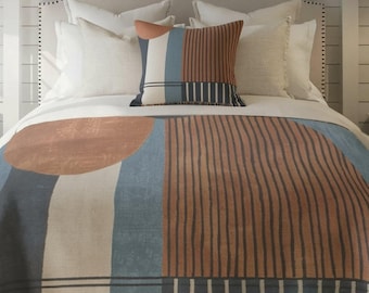 Woven Cotton Throw Blanket, Blue Rust Bed End Blanket, Retro Modern Textile Wall Art - Personalizable