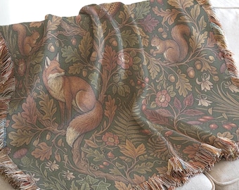 Rust and Olive Floral Woven Throw Blanket, Autumn Sofa Accent, Botanical Textile Wall Decor