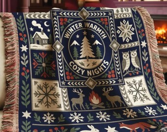 Christmas Patchwork Woven Throw Blanket, Seasonal Couch Decor, Charcoal Medallion Tapestry