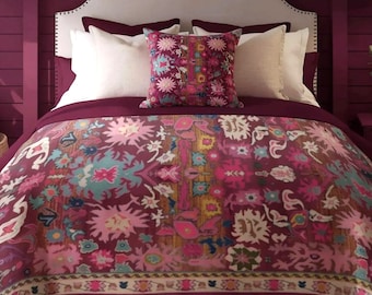 Pink Blue Rug Inspired Woven Throw Blanket, Distressed Boho Bed Accent, Colorful Sofa Cover