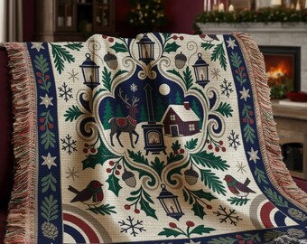Vintage Christmas Tapestry Blanket, Woven Cotton Rustic Decor, Earth Tone Sofa Accent