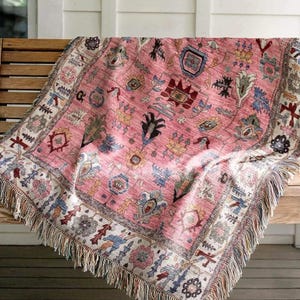 Moroccan Inspired Woven Throw Blanket Rug Style Cotton Sofa Textile for Warm Boho Living Room Layer Decor