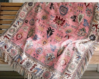 Moroccan Inspired Woven Throw Blanket Rug Style Cotton Sofa Textile for Warm Boho Living Room Layer Decor
