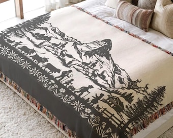 Swiss Alpine Cow Woven Blanket, Cotton Folk Art Throw