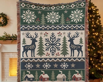 Nordic Christmas Throw Blanket, Woven Cotton Home Accent, Gift for Family