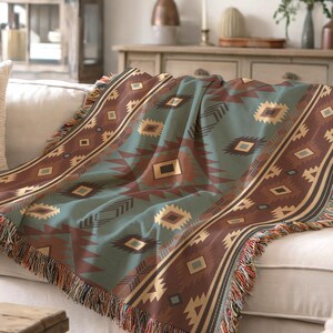 Western Blanket Sofa Textile, Teel Brown Tone Geometric Cotton Throw, Tribal Pattern Rustic Accent, Cozy Seating Mood - Personalizable