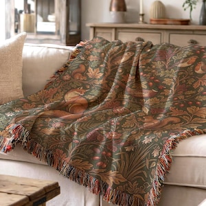 Rust and Olive Floral Woven Throw Blanket, Autumn Sofa Accent, Botanical Textile Wall Decor