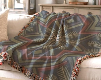 Dark Green Starburst Woven Throw Blanket, Rust Geometric Sofa Accent, Winter Textile Wall Decor