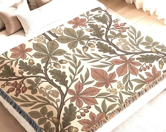 Cream Botanical Woven Throw Blanket, Sage Rust Fall Bed Accent, Cottage Textile Wall Decor