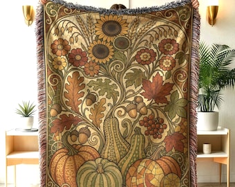 Autumn Pumpkin Woven Throw Blanket, Rust Olive Botanical Sofa Accent, Harvest Wall Tapestry
