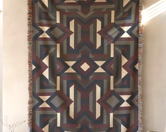 Dark Geometric Woven Throw Blanket, Earth Tone Patchwork Bed Accent, Rustic Textile Wall Tapestry