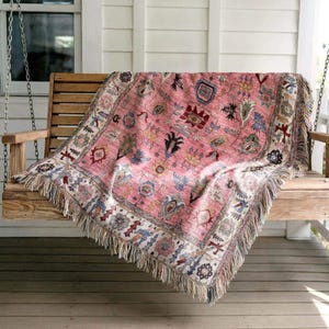 Woven Cotton Blanket, Moroccan Rug Like Throw, Tan Pink Versatile Sofa Cover - Personalizable