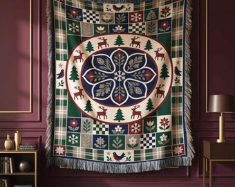 Rustic Christmas Throw Blanket, Patchwork Cabin Home Decor, Cozy Movie Night Accent