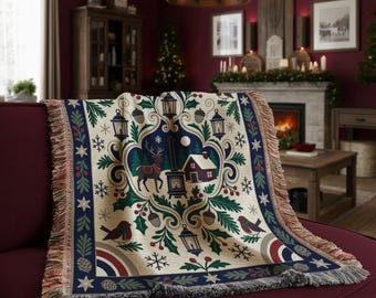 Vintage Christmas Tapestry Blanket, Woven Cotton Rustic Decor, Earth Tone Sofa Accent