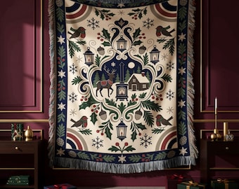 Woven Tapestry Throw Blanket, Floral Animal Motif for Sofa, Ivory Fringe Edge Decor