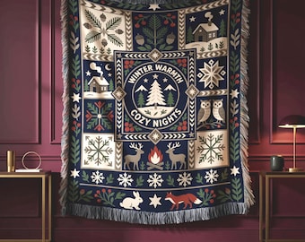 Christmas Woven Throw Blanket, Rust and Cream Decor, Fringe Edge Sofa Accent