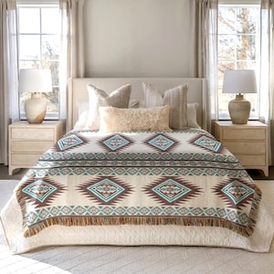 Boho Blanket Fringed Cotton Throw: Rust Stripe Aztec Style Home Accent