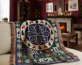 Woven Christmas Throw Blanket, Fringe Edge Holiday Textile Art, Rustic Cabin Decor