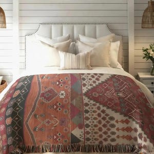 Southwestern Boho Bed Throw Blanket Rustic Geometric Woven Textile for Layered Bedding and Cozy Southwestern Bedroom Decor