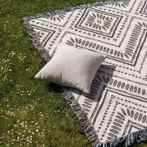 Blanket and Pillow Set, Minimalist Throw Blanket and Pillow Set: Woven Cotton Ikat Pattern