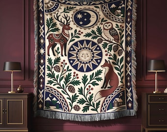 Woven Tapestry Blanket, Muted Bird Motif, Fringed Sofa Throw