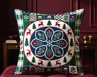 Woodland Christmas Pillow Cover, Fox Deer Rabbit Sofa Accent, Snowy Plaid Pattern Double Sided Print