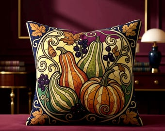 Pumpkin Pillow Cover, Earth Tone Decor for Cozy Sofas, Falling Leaves and Grapes Pattern