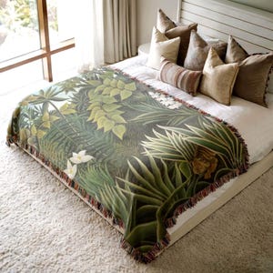 Woven Blanket Jungle Tapestry Art Throw, Henri Rousseau Inspired Nature Themed Decor - Personalizable