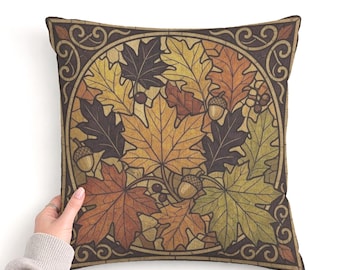 Autumn Leaves Woven Pillow, Maple and Acorn Cushion, Fall Sofa Decor - Customizable
