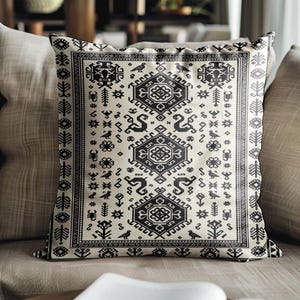 Black and Cream Woven Pillow, Kilim-Style Geometric Throw, Filling Included - Customizable