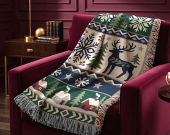 Scandinavian Christmas throw blanket, Nordic cabin decor, Woven cotton with fringe edge