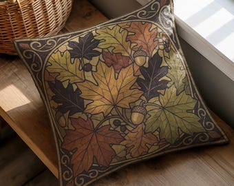 Geweven kussen met herfstbladeren, esdoorn- en eikelmotief, herfstdecoratie voor de bank - aanpasbaar