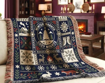 Christmas Patchwork Woven Throw Blanket, Seasonal Couch Decor, Charcoal Medallion Tapestry