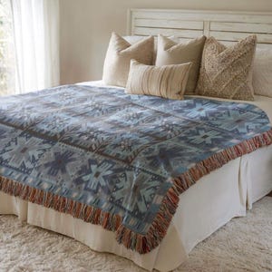 Blue Rust Ornamental Woven Throw Blanket, Vintage Rug Inspired Bed Accent, Matching Pillow Option