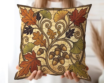 Fall Decorative Pillow Cover, Acorn and Leaves Design, Earth Tone Decor