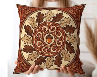 Earth Tone Decor, Fall Leaves Pillow Cover, Acorn and Wheat Pattern