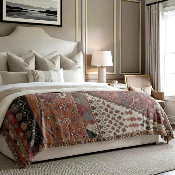 Southwestern Boho Bed Throw Blanket Rustic Geometric Woven Textile for Layered Bedding and Cozy Southwestern Bedroom Decor