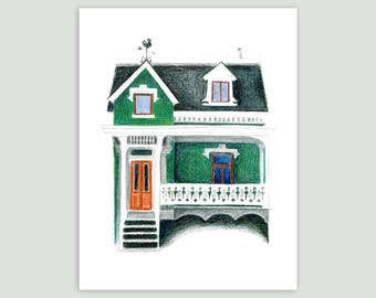 Montreal House in Emerald Green – Fine Art Print of Original Drawing