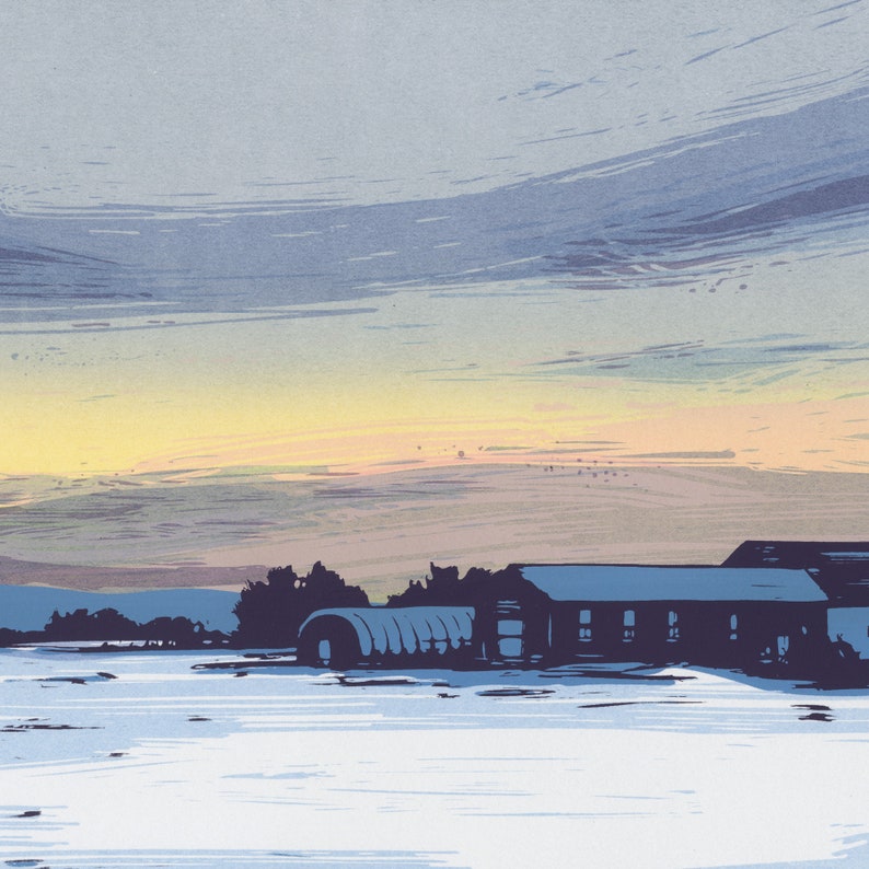 Landscape Screenprint Dusk Farm Between Cities Series image 2