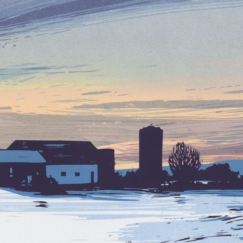 Landscape Screenprint Dusk Farm Between Cities Series image 3