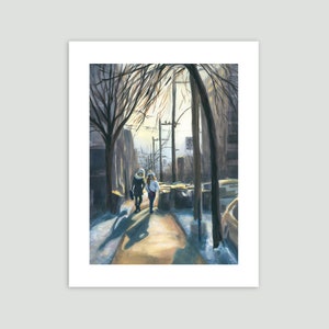 Winter Cityscape - Friends Heading Home at the End of the Day – Fine Art Print of Original Painting