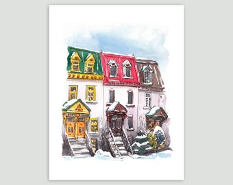 Montreal Watercolor Print - Colourful Montreal Triplexes in the Snow