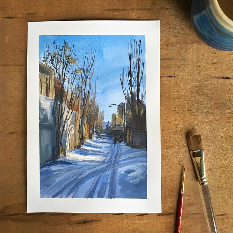 Winter Cityscape Mentana Laneway in the Snow Fine Art Print of Original Painting image 4